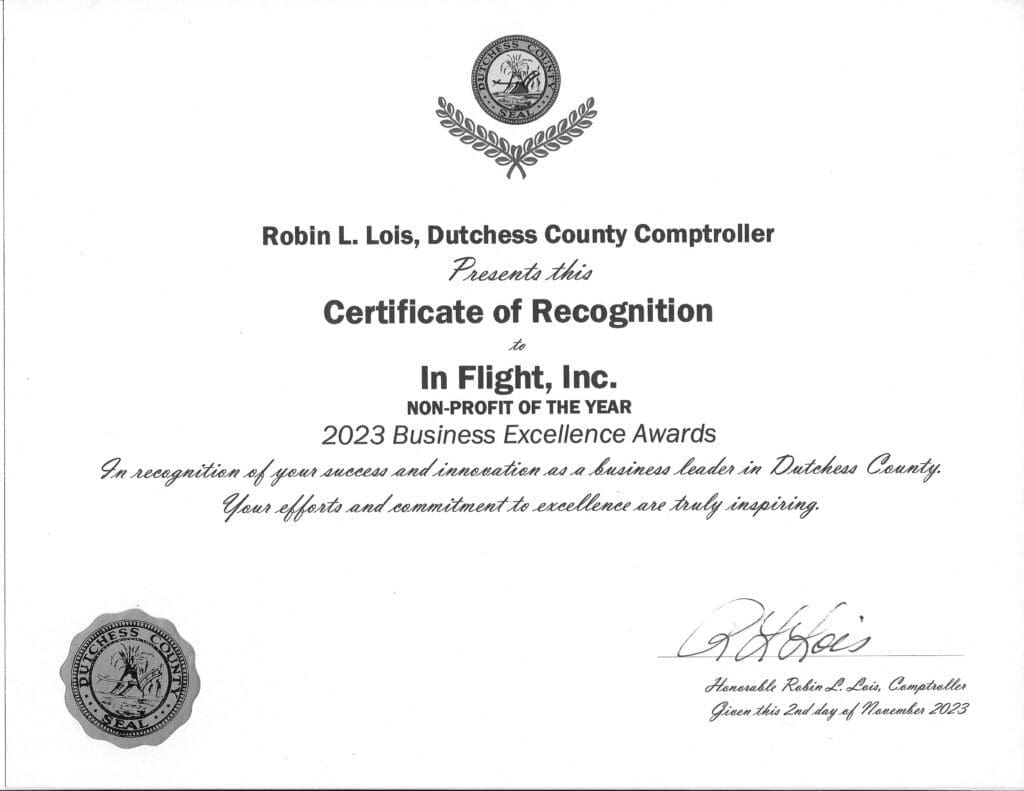Certificate of Recognition from Dutchess County Comptroller to In Flight, Inc.