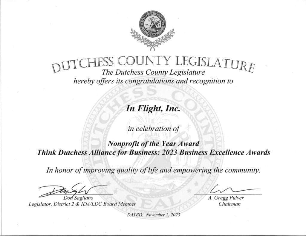 Certificate of recognition from Dutchess County Legislature to In Flight, Inc.