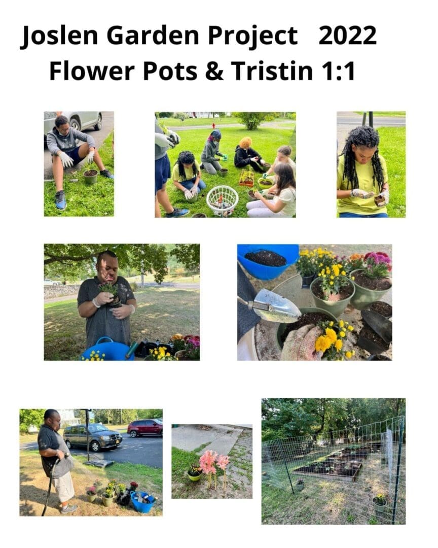 People enjoying gardening and flower pots outdoors.