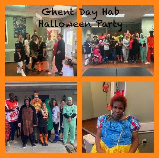 Collage of photos from a Ghent Day Hub Halloween party with costumes and fun.