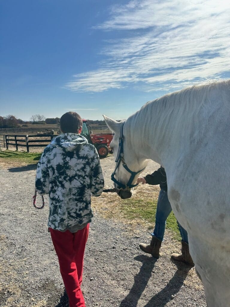 A man holding a white horse by the reins outside a barn.