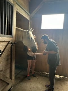 A man holding a white horse by the reins outside a barn.