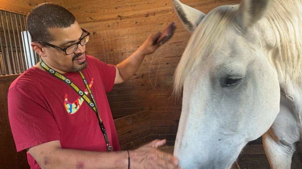A man holding a white horse by the reins outside a barn.