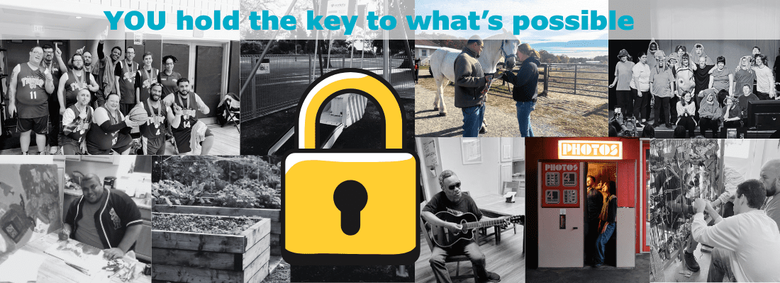Collage showing various people engaged in daily activities with a lock icon symbolizing security.