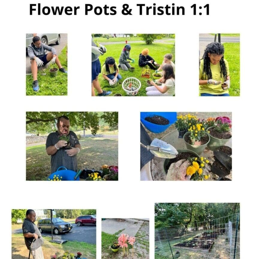 People enjoying gardening and flower pots outdoors.